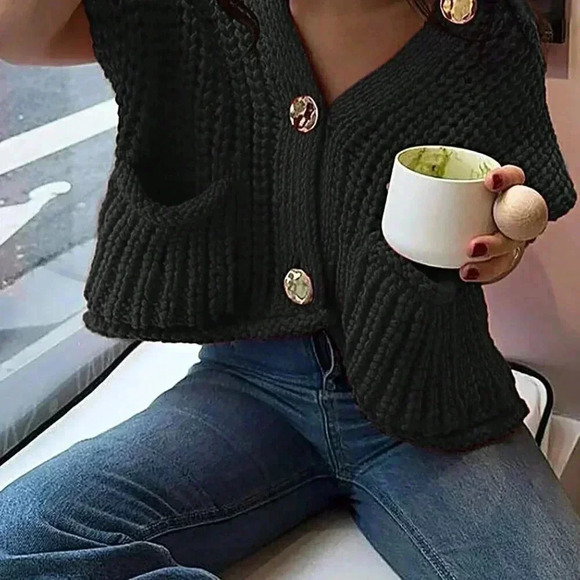Black Casual Women's Loose Knit Vest With Double Pockets - Picture 5 of 5